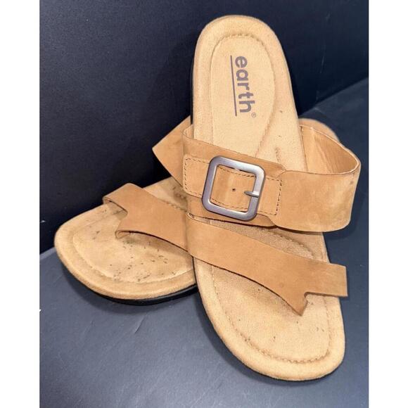 Earth Brown Leather & Cork Comfort Cushioned Strappy Slip-on Casual Sandals 8.5M - Picture 1 of 15